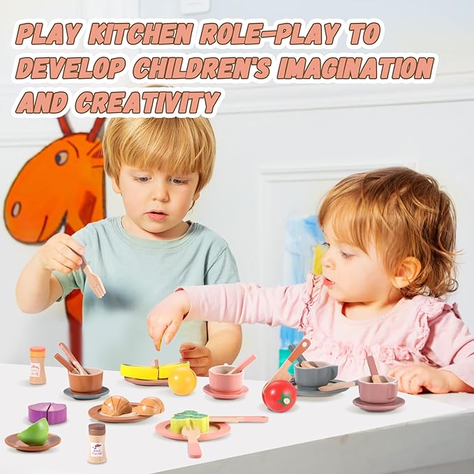 GAGAKU Wooden Dishes Kids Wooden Dishes for Play Kitchen Kids Play Dish Set Wood Plates Set for Toddler Montessori Wooden Kitchen Toys Accessories