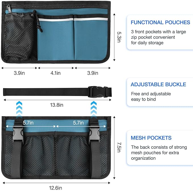 Wheelchair Bag, Walker Bag, Armrest Organizer Pouch with Cup Holder Attachment and Reflective Strip, Accessories for Most Wheelchairs, Walker, Rollators (Sea Blue)