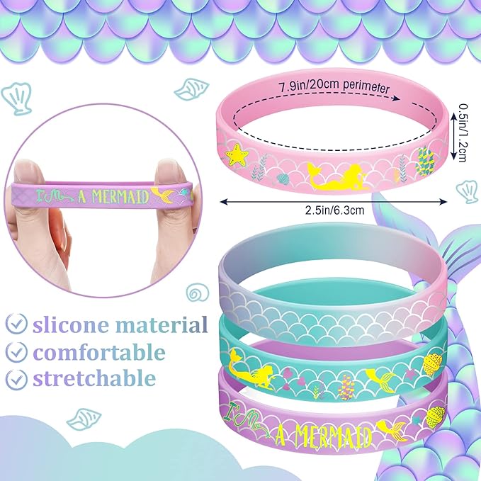 24 Pack Mermaid Silicone Wristband Mermaid Scale Bracelets I'm a Mermaid Wristband Mermaid Party Goody Bag Favors for Boys Girls Mermaid Birthday Party Under The Sea Themed Baby Shower Supplies
