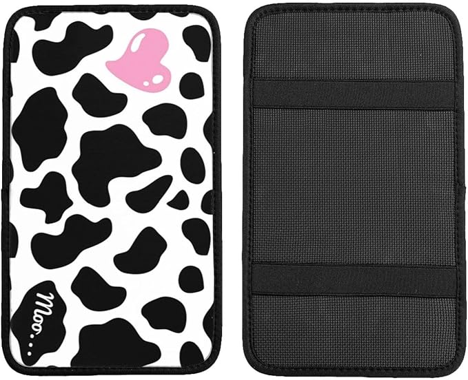 DORKEIXIA Black and White Cow Print Love Heart Cute Pink Auto Center Console Armrest Pad Universal Car Center Console Cover Seat Box Cover for Sedan, Van, SUV, Truck Car Accessorie