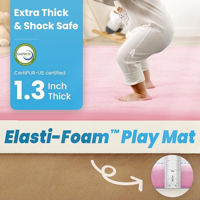 1.3" Thick Baby Play Mat for Floor, 28x72 Foam Tummy Time Mat, Padded Support Soft Plush Bedside Rugs for Infant Kids Toddler Crawling Kick Activity (Pink)