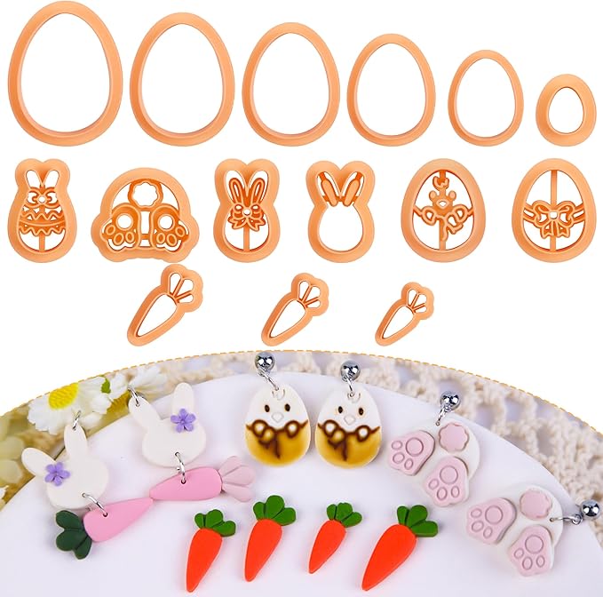 Puocaon Clay Cutters, 15 Pcs Easter Polymer Clay Earrings Kit, Resin Bunny, Carrot, Egg Shapes for Jewelry Making