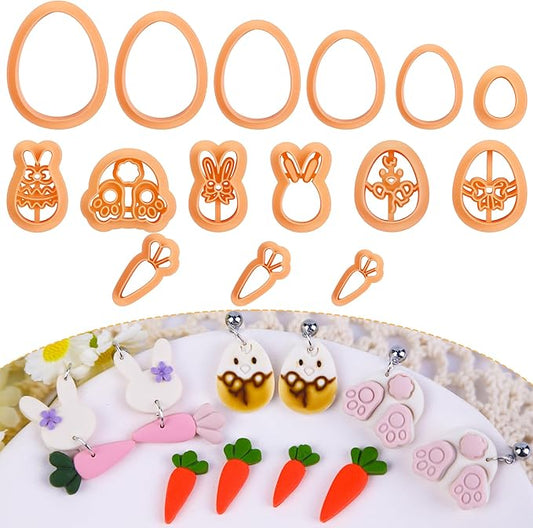 Puocaon Clay Cutters, 15 Pcs Easter Polymer Clay Earrings Kit, Resin Bunny, Carrot, Egg Shapes for Jewelry Making