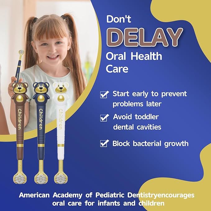 3 Sided Toothbrush for Kids, Japanese Design Triple-Angle Toothhugger, Cartoon Bear Design Sensory Toothbrush for Toddlers, Kids Toothbrush for Aged 3-12, Soft Bristles for Gentle Gum Care (3Pack)