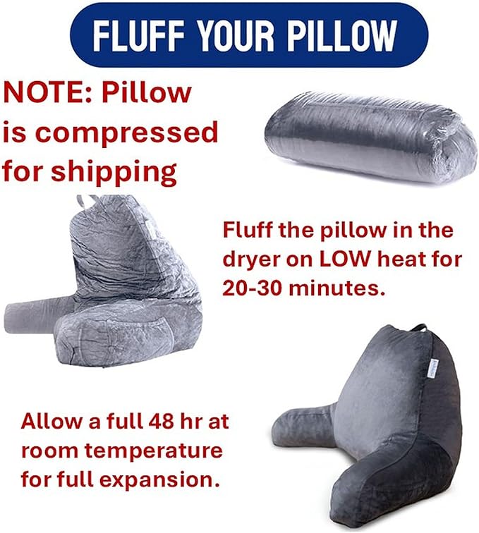 ComfortSpa Reading Pillow for Kids Teens Adult, Back Rest Pillow with Arms, Pockets, Washable Cover; Use as a Back Pillow for Bed Sitting Up for Bedrest or Relief from GERD Heartburn (Standard Grey)