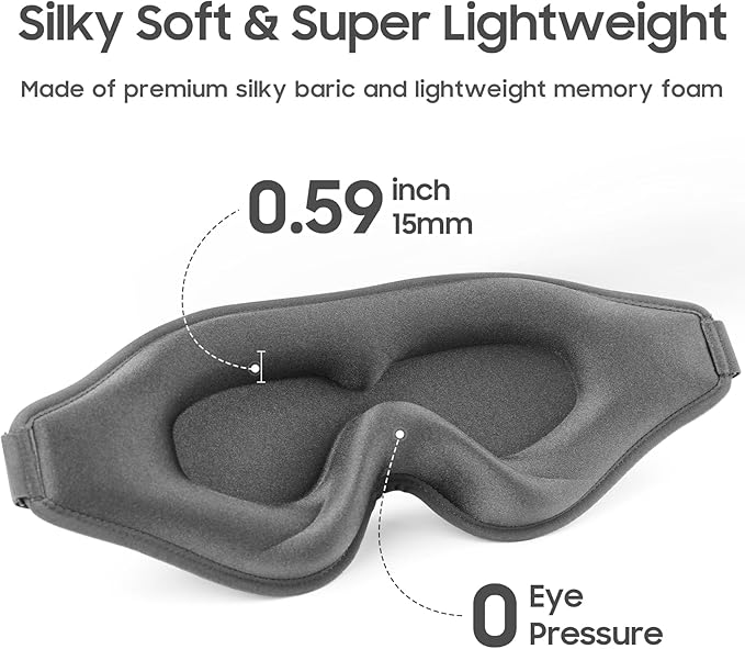 MOEASEii Sleep Mask - Total Blackout 3D Sleeping Mask, Super Lightweight & Silky Soft Eye Mask for Sleeping, Fully Adjustable Fit for Home, Office, Traveling, Meditation, Yoga, Gray