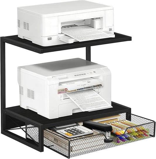 ELITEROO 2-Tier Printer Shelf with Drawers, Wooden Desk Organizer Shelf for Small Printers and Office Supplies, Desktop Storage Rack for Books, Folders, Scanner, Fax Machine, 3D Printer, Black