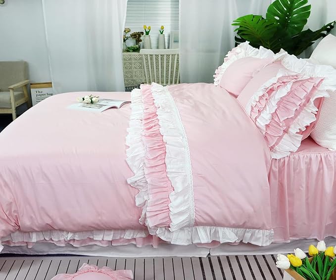 Helthep Pink Ruffle 3Pcs Duvet Cover Set King, 100% Cotton Girls Bedding Set Princess Lace Patchwork Soft Breathable Washed Cotton, (1 Duvet Cover + 2 PillowShams, Comforter Not Included)