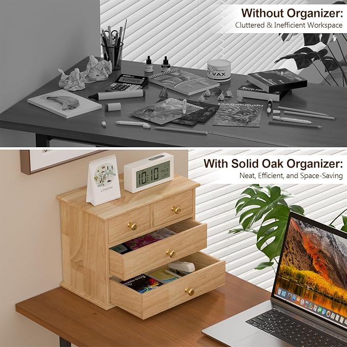 Oak Desk Organizer with Drawers, Durable Wooden Desktop Storage Box with Metal Handles & Non-Slip Silicone Pads, 4 Drawer Tabletop Organizer for Office, Bedroom, Bathroom, Vanity, Makeup – Natural Oak