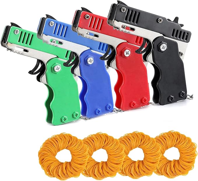 Kids Toys Cool Keychain Rubber Band Launcher Toy 4pcs Mini Metal Folding Rubber Launcher Toy with 240 Elastic Rubber Bands for Game Outdoor Activities (4 Colors)
