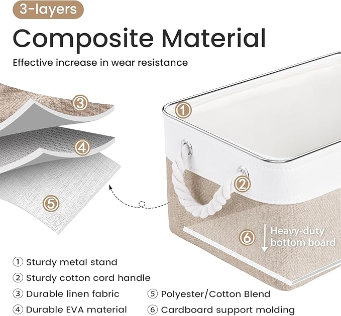 VQRTEXA Storage Baskets for Shelves 13.8x9.8x6.7 Inch, Foldable Fabric Storage Bins with Handles, Small Storage Baskets for Organizing Closet, Bathroom, Office, Home Organization (3-Pack, White&Khaki)