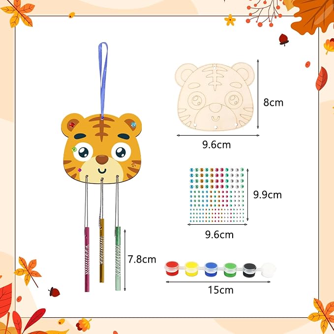 Fennoral 9 Pack Fall Wind Chime Kit for Kids Make You Own Fall Animals Wind Chime DIY Coloring Fall Craft Wooden Hanging Ornaments Outdoor Activity Autumn Thanksgiving Party Decorations