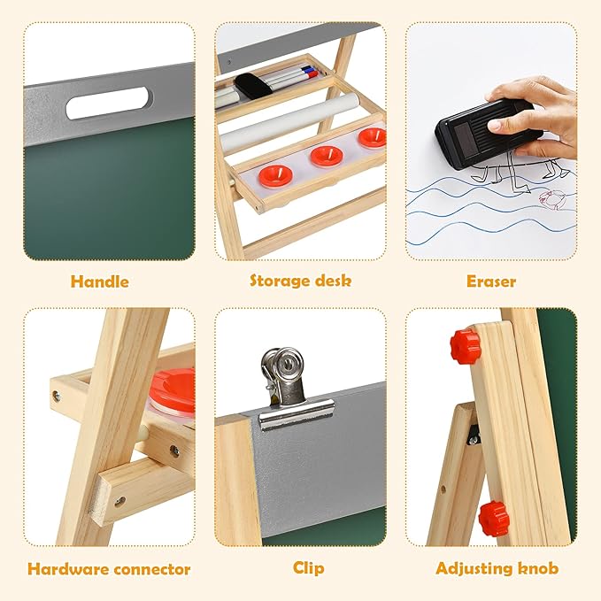 Costzon Art Easel for Kids, 3-in-1 Wooden Folding Toddler Easel Magnetic w/Paper Roll & Storage Tray, Height Adjustable Double Sided Whiteboard Chalkboard Kids Art Easel Boys Girls Painting (Nature)