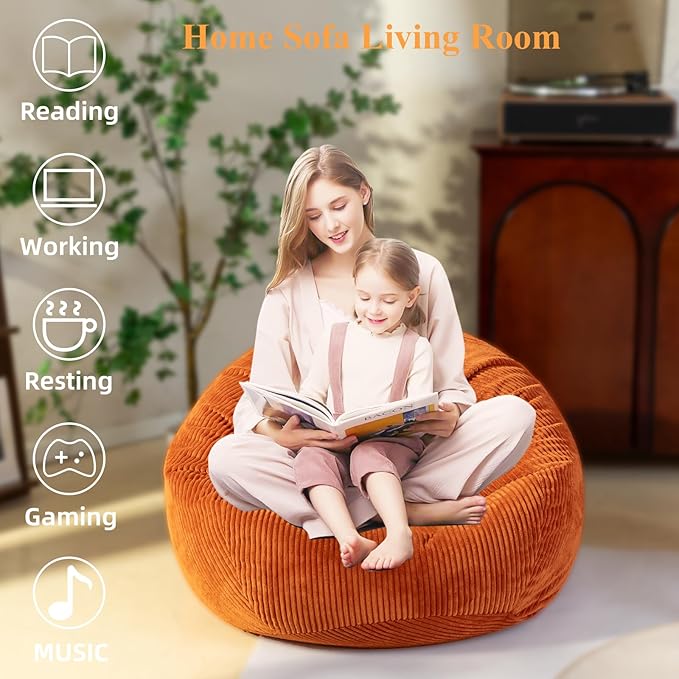 Large Stuffed Animal Storage Bean Bag Chair （No Filler）, 3 ft Giant Heavy Soft Corduroy Bean Bag Cover for Kids Teens & Adults，Round Fluffy Sofa for Home Living Room Bedroom College Dorm