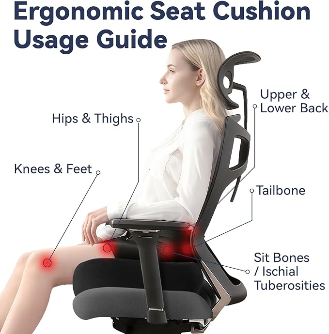 Ergonomic Memory Foam Seat Cushion for Tailbone Pain Relief –Office Chair Cushion for Coccyx, Sciatica & Pressure Relief –Large Chair Cushions for Car Seat, Wheelchair – Washable Non-Slip Cover