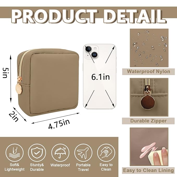UIXIZQ Mini Makeup Pouch for Purse, Small Cosmetic Bag Pouch Nylon Travel Toiletry Organizers for Women Girls, Cute Zipper Pouch Coin Purse Preppy Storage Bag for School Work(Mini-Khaki)