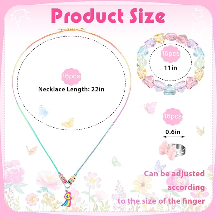 48 Pieces Girls Jewelry Set Adjustable Bracelets Necklaces and Rings Set Pretend Dress up Play Jewelry Party Favors Birthday Gifts for Little Girls Kids Toddler Child Friendship