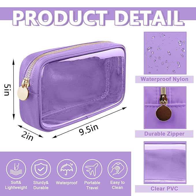 Clear Small Makeup Bag with Zipper, Nylon&PVC Cosmetic Travel Bag Preppy TSA Approved Toiletry Bag for Women Girls, Transparent Waterproof Makeup Pouches Cute Travel Bag for Purse(Small-Purple)
