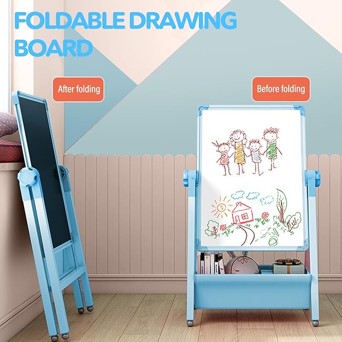 Art Easel for Kids, Double Sided Kids Easel Drawing Board, Whiteboard & Chalkboard for Kids, 360°Rotating Adjustable Kids Easel Art Set, Standing Erasable Easel Board, Easel for Classroom (Blue)