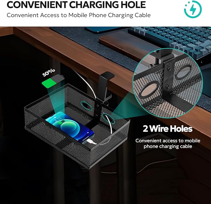 Under Desk Drawer Organizer Clamp On - 360° Swivel Metal Mesh Storage Basket, Hidden Rotating Desktop Tray for Standing Desk, Office Supplies & Gaming (No Drill, Black)