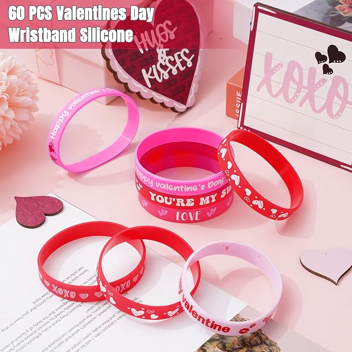 60 Pcs Valentine's Day Silicone Wristband 6 Designs Red Pink Love Heart You're My Sweet Rubber Bracelets for Wedding Anniversary Birthday Party Favor Supplies