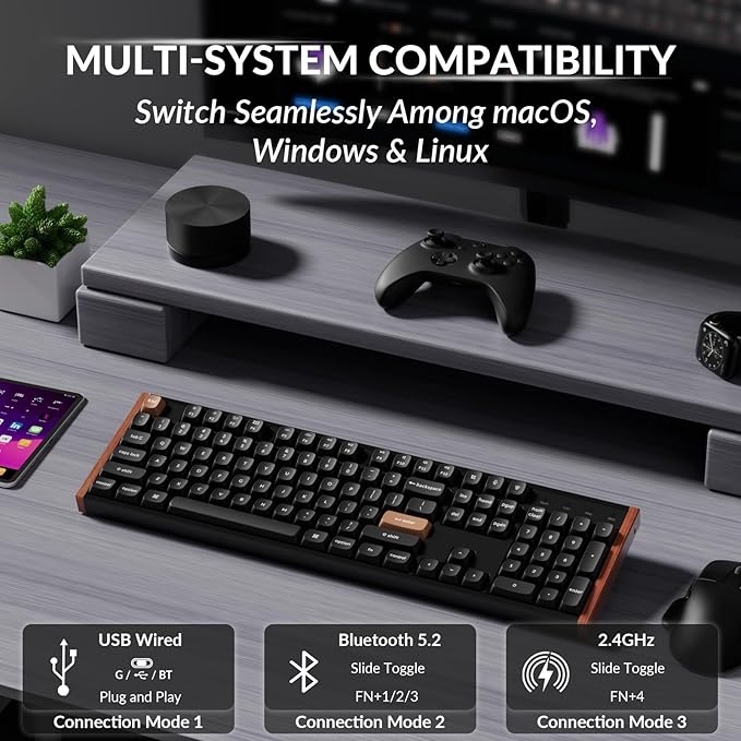 Keychron K10 HE Hall Effect Keyboard Wireless, Magnetic Switch Hot Swappable, Adjustable Actuation Rapid Trigger Mode with Aluminum + Wood Frame, Full-Size Custom RGB for Mac Windows Linux - Black