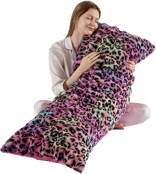 20x54 Fluffy Leopard Print Full Body Pillow,Cheetah Print Plush Fuzzy Faux Fur Body Pillows,Ultra Soft Bed and Sofa Pillow for Side Sleeper & Pregnancy,Furry Long Pillows-Rainbow Leopard