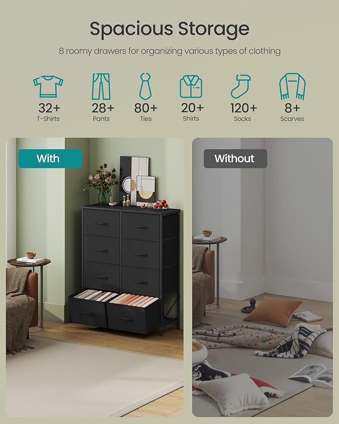 SONGMICS Dresser for Bedroom, Chest of Drawers, Steel, MDF, 8 Non-Woven Fabric Drawers, Storage Organizer Unit, Closet, Entryway, Ink Black and Ebony Black ULGS124B01S