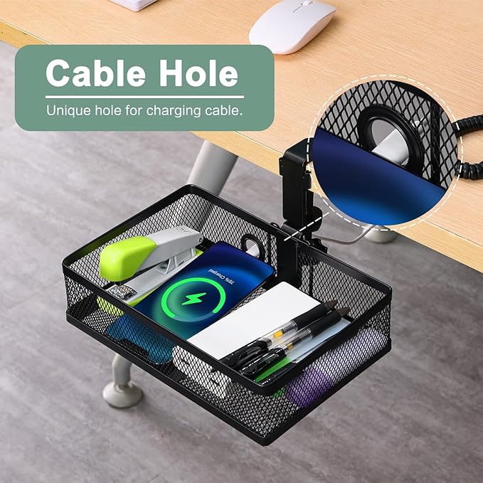 ROSYLINE 360°rotation under desk drawer, Drawer Under Desk Storage Organizer, Rotary Desk Storage Organizer with Cup Holder, Clamp Drawer Basket, sturdy and durable (black)