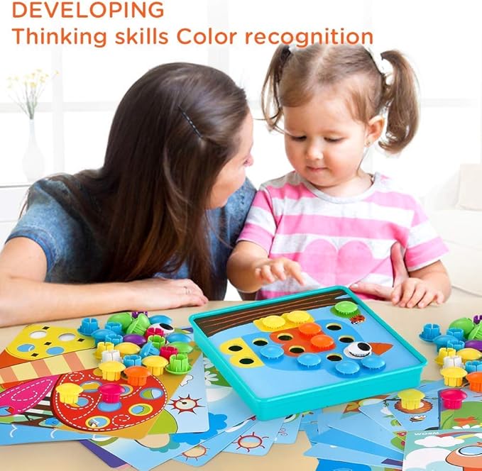 TINOTEEN Button Art Toy for Toddlers,Toddler Activities Crafts Color Matching Early Learning Educational Mosaic Pegboard 50 Buttons and 18 Pictures