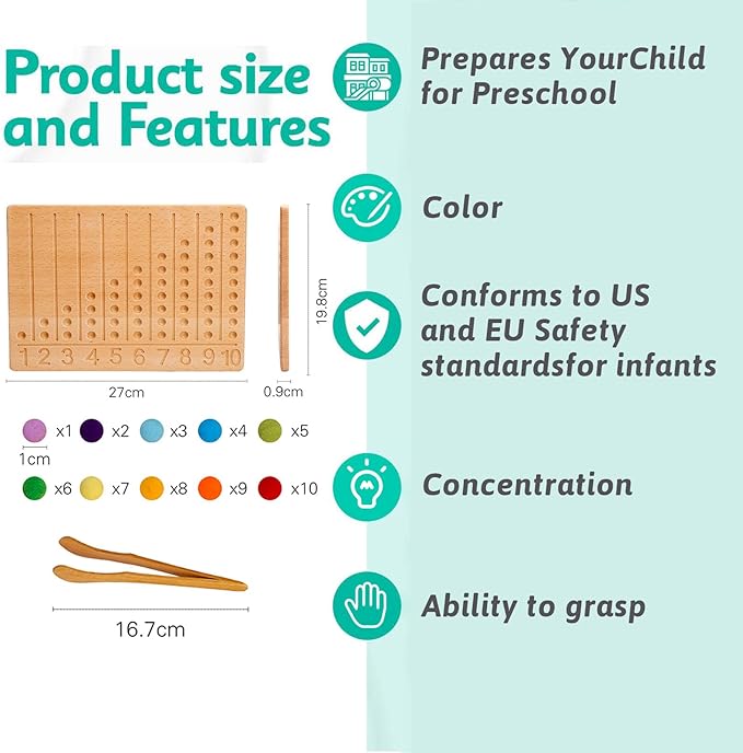 ibwaae Wooden Number Tracing Board Set Beads Counting Game Preschool Math Game Color Sorting Toys for Kids Fine Motor Skill Montessori Toys for Toddler(Peg Board)