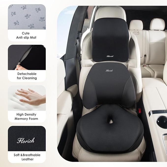 FLORICH Car Seat Cushion & Lumbar Support Pillow & Car Neck Pillow for Driver Car Office Chair, Ergonomic Memory Foam Car Cushion & Back Support Pillow for Sciatica Pain Relief - Black