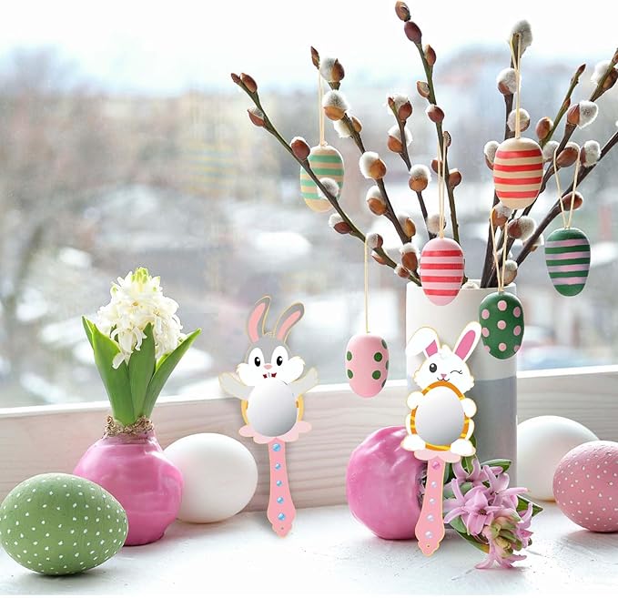 Fennoral 9 Pack Wooden Easter Bunny Craft for Kids Decorate You Own Bunny Mirrors for Girls DIY Paint Hand Mirror for Easter Art Activities Spring Easter Gifts