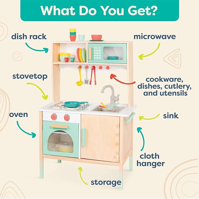 B. toys- Mini Chef Kitchenette- Pretend Play Wooden Play Kitchen – Kitchen for Kids – Kitchen Play Set & Accessories – (20+ Pcs)- 3 Years +