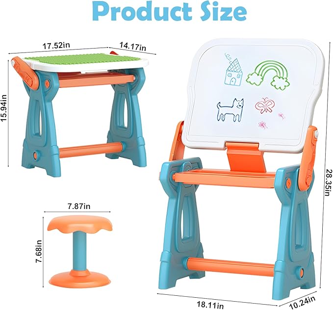 Kids Art Easel with Stool,2-in-1 Double-Sided Kids White Board Easel and Building Block Activity Table-Includes 88 Building Blocks, Art Easel for Kids 3-5, Toys for Toddlers, Boys and Girls