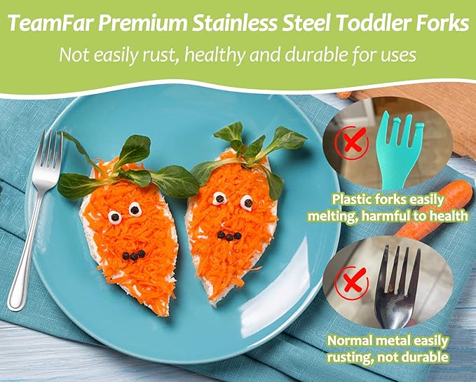 TeamFar Toddler Forks, 6 Pcs Stainless Steel Kids Utensil Small Fork for Child Self Feeding, with Line Patterned Edge, Non Toxic & Healthy, Mirror Surface & Dishwasher Safe, Easy to Grip