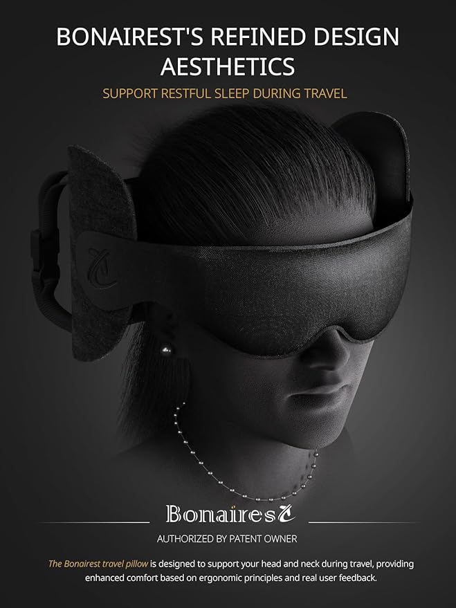 Bonairest Travel Pillow, Airplane Neck Pillow for Long Flight, Oversized Head Strap with 3D Eye Mask for Sleep, 360°Support Headrest, Stop Bobblehead, Ultimate Travel Essentials for Men Women Black