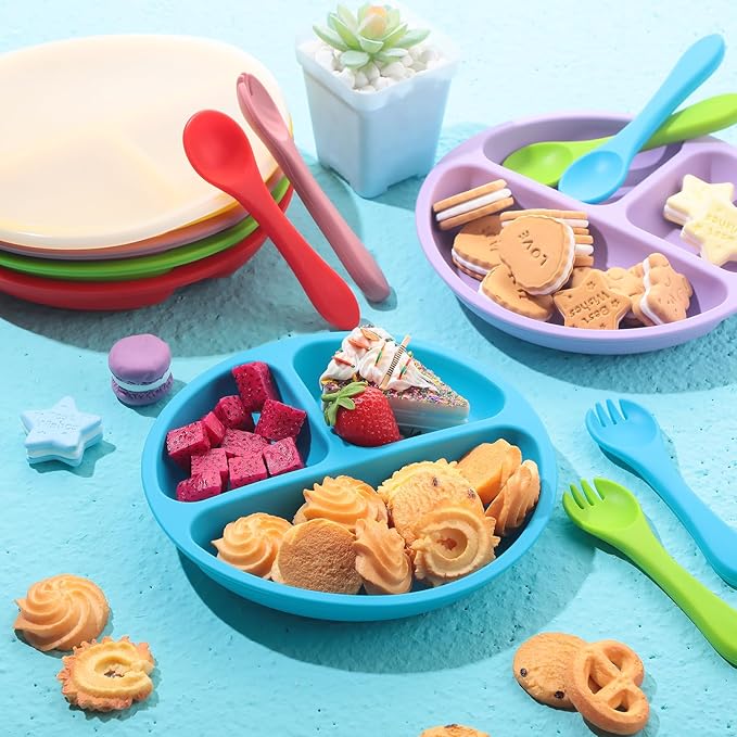 Meanplan 6 Pack Suction Plates for Toddlers with Lids Silicone Baby Plates set Food Grade Silicone Divided Design BPA Free Microwave and Dishwasher Safe Assorted Colors(Bright Colors)