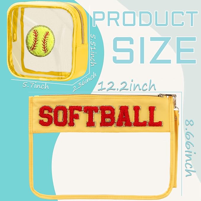 BuyCard 2 Pcs Softball Gifts Makeup Bag with Chenille Letter Patch, Clear Cosmetic Pouch PVC Organizer Purse, Waterproof Travel Bag, Portable Toiletry Storage Bag for Her Girls Friends Women