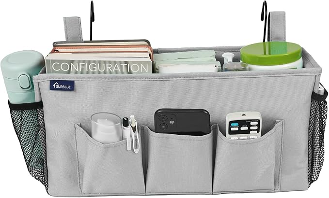Surblue Bedside Organizer with Hook Bedside Caddy Hanging Storage Bag with Adjustable Straps and Water Bottle Holder for Home College Dorm Bunk Bed Accessories, Hospital Bed,Lightgrey