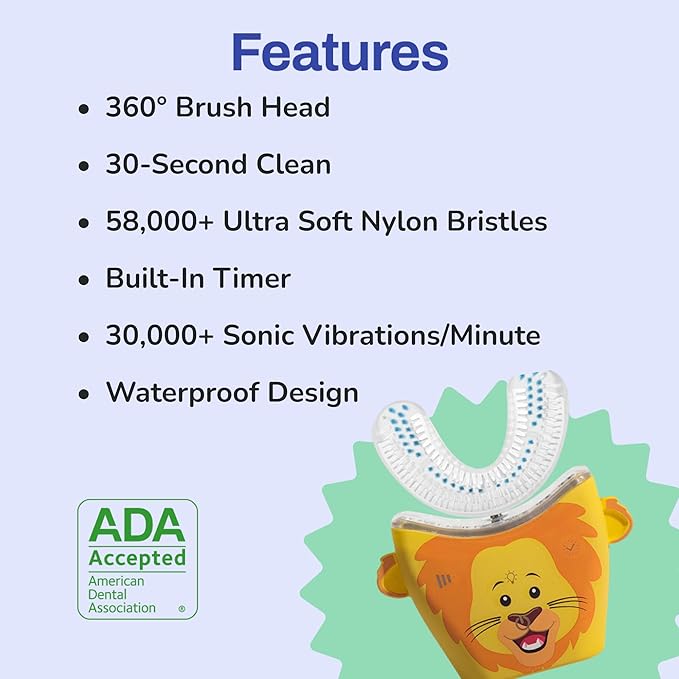 autobrush Kids U Shaped Electric Toothbrush, ADA Accepted, Sonic Pro with Unique 360° Nylon Bristles 3 Cleaning Modes,Whitening LED-Lights,Plays Music (Double-Sided),Ages 9-12, Lion