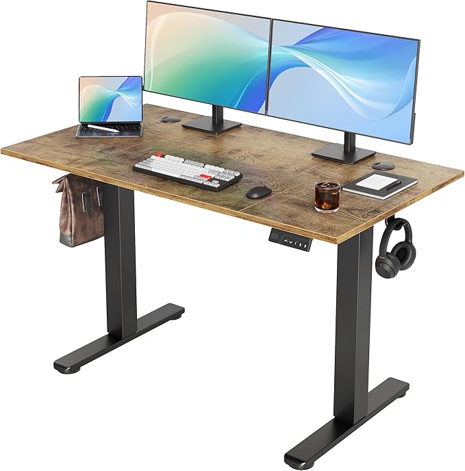 Seang Electric Height Adjustable Standing Desk, 48 x 24 Inch Sit-Stand Desk with Stable T-Shaped Frame, 3 Memory Buttons & Cable Organization for Home Office Workstation, Black Frame/Rustic Brown Top