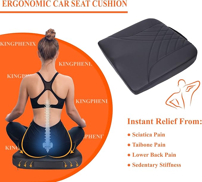 kingphenix Premium Car Seat Cushion, Memory Foam Driver Seat Cushion to Improve Driving View- Coccyx & Lower Back Pain Relief - Seat Cushion for Car, Truck, Office Chair (Leather Black)