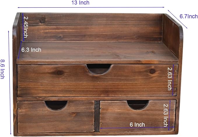 Vintage Rustic Brown Wooden 3 Drawer with Shelf Office Desk Organizer & Mail Rack For Desktop,Box for Office Home Toiletries Supplies Vanity, No Assembly Required (Brown)