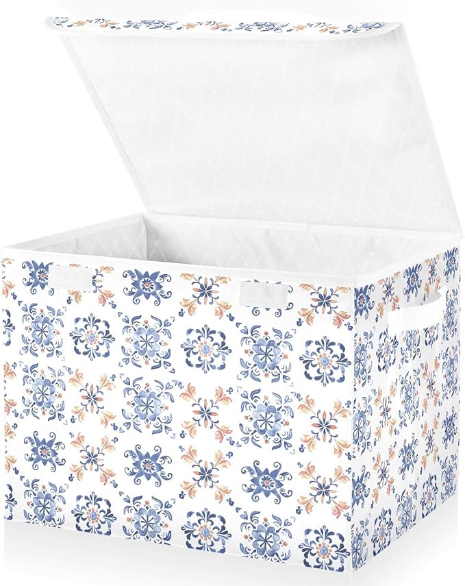 senya Large Storage Bins with Linen Collapsible Foldable Storage Cubes Fabric Closet Organizer Containers box with Flip-Top Lid for Home Bedroom Office 16.7 x 12.6 x 11.8in (Dutch Tiles)