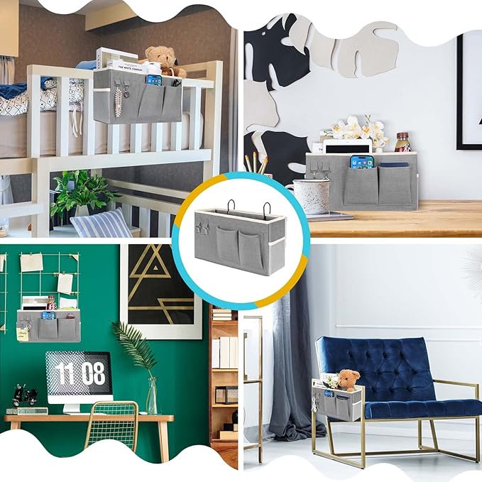 2pcs Bedside Caddy Hanging Storage Bag, Organizer Baskets with Pockets for Bunk Bed Shelf and Hospital Beds, Loft & Dorm Rooms Chair Bed Rails Accessories (Bedside bag-Riceball)