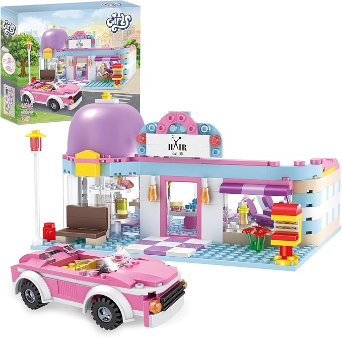 BRICK STORY Girls Friends Hair Salon Building Kit with 2 Mini People 5 Dolls Hair Creative Girls Friends Sets 358 Pieces with a Pink Convertible Car STEM Building Toys Gifts for Kids Age 6-12 and Up