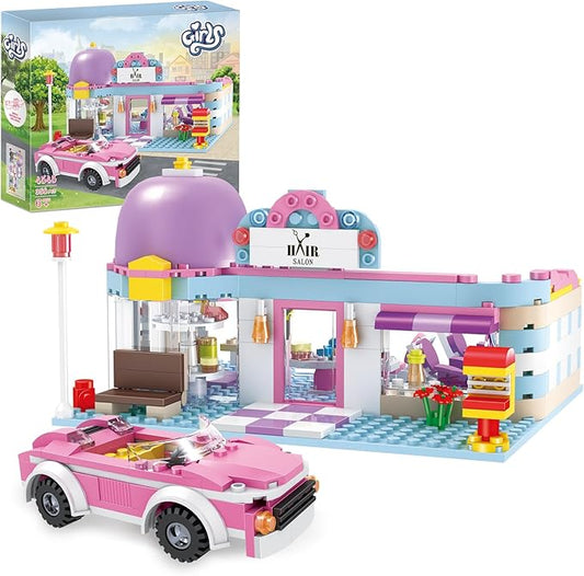 BRICK STORY Girls Friends Hair Salon Building Kit with 2 Mini People 5 Dolls Hair Creative Girls Friends Sets 358 Pieces with a Pink Convertible Car STEM Building Toys Gifts for Kids Age 6-12 and Up