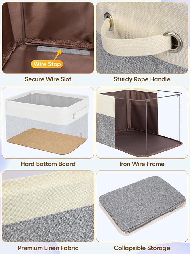 BALEINE 3 Pack Fabric Storage Bins for Shelves, Linen Storage Baskets for Organizing, Decorative Closet Bins for Clothes, Home (Grey, 15"x11"x9.5")