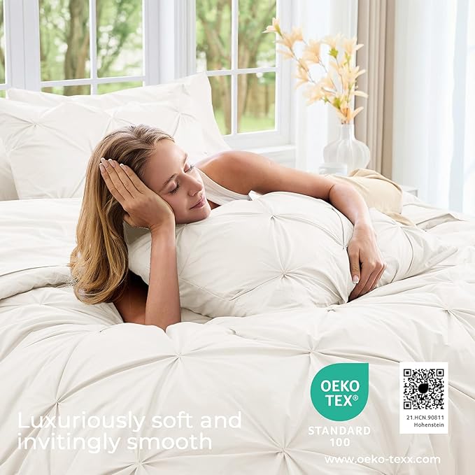 Sasttie Twin XL Comforter Set, 5-Piece Bed in a Bag, Pintuck Bedding Sets for All Season, Includes Comforter, Flat Sheet, Fitted Sheet, Pillowcase and Pillowsham, Ivory